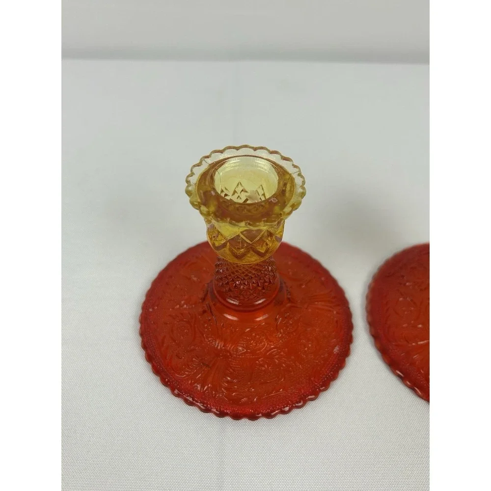 Vintage Candlesticks Glass Muti-color Red Yellow Orange 3 3/4 Tall